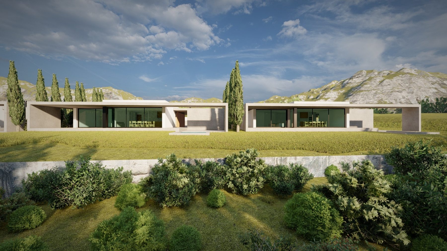 Render 3D de moradia contemporânea com piscina